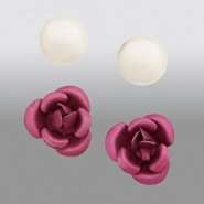   Pink Rose and Pearl Stud Earring Set in Sterling Silver 