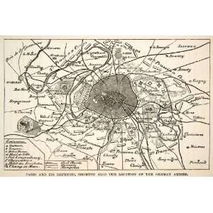  1871 Wood Engraving Map Paris Franco Prussian War Defenses Military 