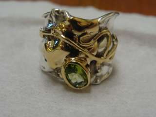   YELLOW GOLD STERLING WIDE BAND PERIDOT RING 18MM WIDE 9.5 GRAMS  
