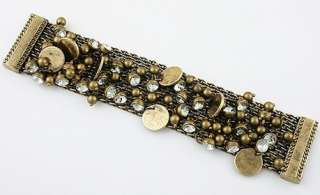Vintage Wide Bronze Rhinestone Charm Cuff Bracelet ladys Jewelry 