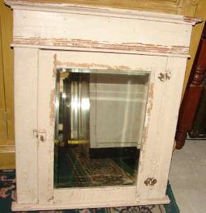 Vintage Chippy Shabby Wooden Medicine Cabinet Beveled Mirror  