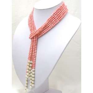  3 Strands 5mm Pink Coral and White Pearl Necklace 