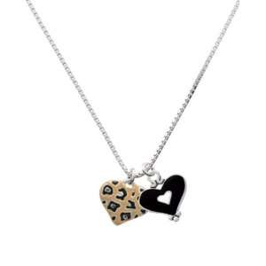  Tan Cheetah Print Heart and Black Heart Charm Necklace 