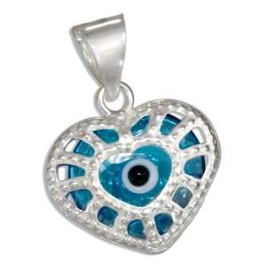  Sterling Silver Filigree Heart Clear Blue Evil Eye Pendant 