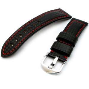  Carbon Fiber Watch Band 22mm Black, White Stitching 