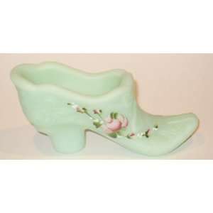   Green Sanded Hand Painted Pink Rose Bow Slipper Shoe 