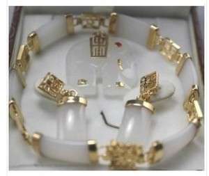 white jade Elephant pendant bracelet earring set  