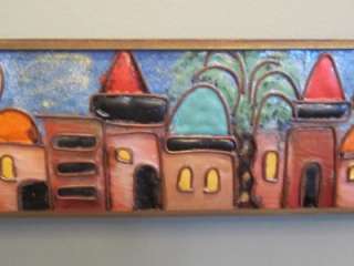   MODERNIST FUSED GLASS/ ENAMEL ON COPPER WALL ART  ROW OF HOUSES  