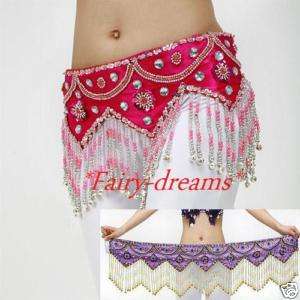 Emb.Belly Dance BELT Sash Scarf D Pink With SILVER BELL  