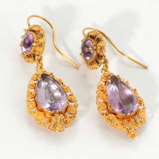 Amethyst and cannetille work earrings made in 18 carat gold and dating 