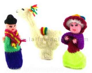 Hand Knit Made Andean Llama Finger Puppet Set Peru  
