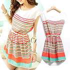   Colorful Stripes Summer Chiffon Dress Clubwear Free Bowknot Belt O