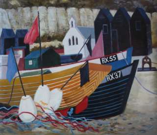   FISHING BOATS FISHERMENS CHURCH oil on canvas SUPERB PAINTING  