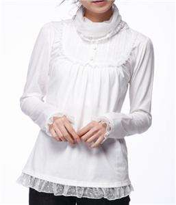 Sweet women cotton long sleeve lace trim pleated bodice Tee shirt 