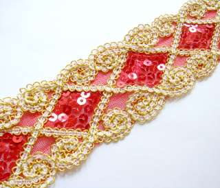 Z363 2 Red Shiny Sequin Beaded Trim By Yard  