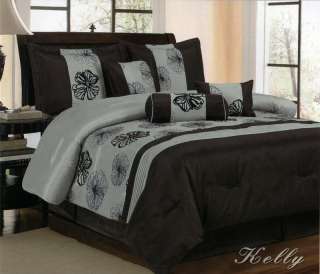 7Pc King Comforter Set Grey, Black Floral Kelly  