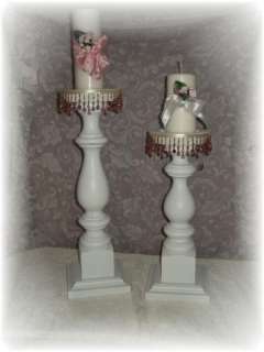 pair shabby cottage chic hp candle stands, holder, white chippy p.e.p 