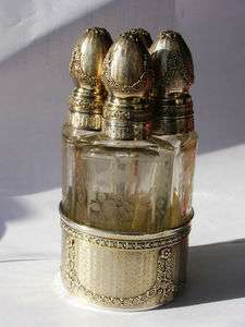 Mega rare antique French silver&engraved crystal parfume bottle set c 