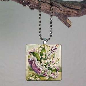 Lily of the Valley Glass Tile Necklace Pendant D42  