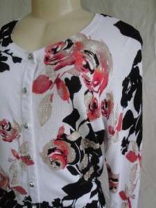 WHITE HOUSE BLACK MARKET Beaded Floral Knit 3/4 Cardigan Sweater Top 