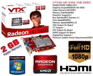 VTX3D ATi Radeon HD5450 2GB Hyper Memory 1GB DDR3 PCI E DVI HDMI 