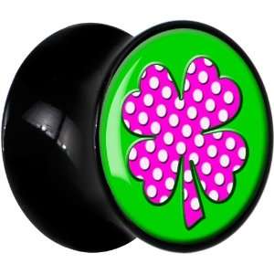  14mm  Black Acrylic Pink White Polka Dot Four Leaf Clover 
