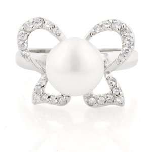 Sterling Silver Bow Cubic Zirconia Diamond Cut Freshwater Cultured 