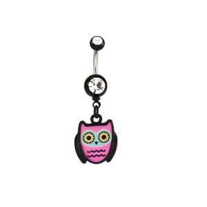   CZ Hoot Owl Dangling Black Acrylic Belly Button Navel Ring Jewelry