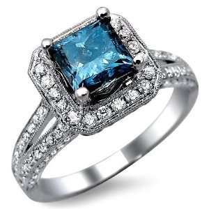 2.29ct Blue Princess Cut Diamond Engagement Ring 18k White 
