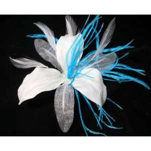  White Sheer Lily with Blue Ostrich Feathers Hair Flower 