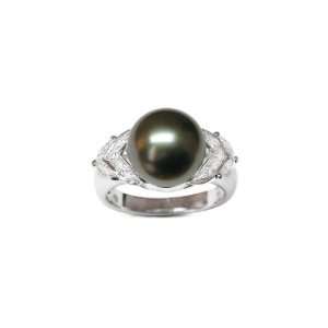 Size 6 18K white gold Elaine Black Tahitian south sea cultured pearl 