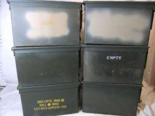 LOT OF 6 EMPTY MILITARY AMMO BOXES CANS FOR 1000 CRTG 9MM BALL M882 