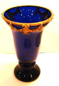 Antique cobalt glass and bronze vase  