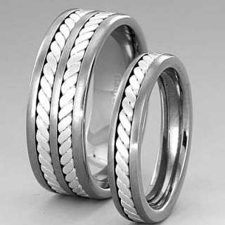   Titanium Braided Sterling Silver Strip Inlay Wedding 2 Bands Set