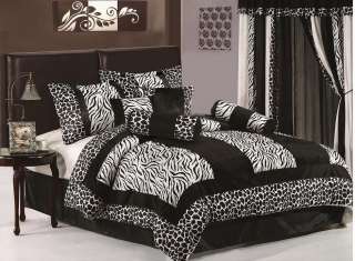 12pc Black White Zebra Giraffe Bed in a Bag Comforter Set + Window 