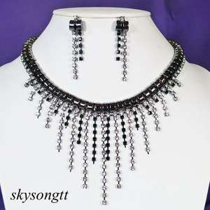 Swarovski Black Rhinestone Crystal Bridal Chandelier Necklace Earrings 