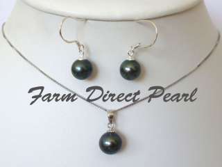 Genuine Black Pearl Pendant Necklace Earring SET Silver  