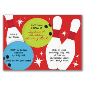 Bowling Time Invitations Birthday Party Retro Red Ball  