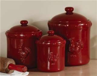   DECOR RUSTIC RED ROOSTER CERAMIC KITCHEN CANISTER SET NEW  