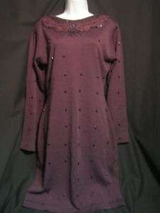 CAROLE LITTLE plum purple LS wool blend dress w beads M  