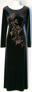 Carole Little Black Velvet Tea Length Dress Embroidered Size 4 
