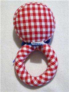 CROSS STITCHED BABY RATTLE W/TRAIN~RED & WHITE HANDLE  