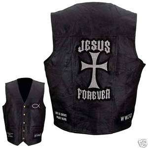 Leather Vest with Embroidered Christian Patches MED 3XL  
