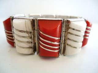   CHUNKY RED CORAL WHITE AGATE MEXICO MEXICAN STERLING SILVER BRACELET