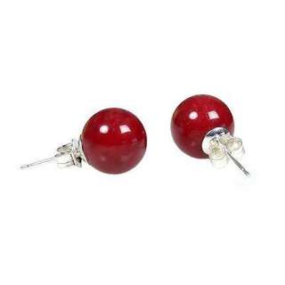 8mm Red Coral Ball Stud Post Earrings 925 Silver  