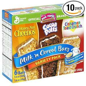 Milk N Cereal Bars, Variety Pack with Honey Nut Cheerios, Cocoa Puffs 