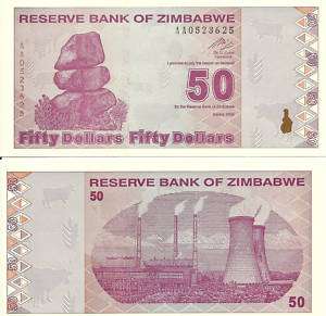 ZIMBABWE 50 DOLLAR NEW MONEY 2009, REVISED 100 TRILLION  