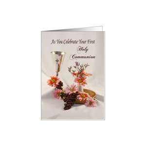  First Holy Communion, Chalice, Cross, Flowers Card Health 