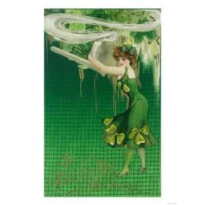 St. Patrick Day Greetings Woman in Green Holding a Pipe Scene Premium 