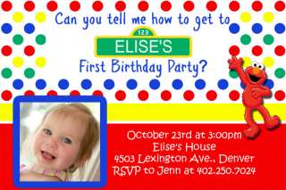Blue Polka Dot Sesame Street Elmo Birthday Invitations  